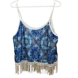Rue 21 Y2K Blue Floral Lace Cropped Tank Top XL Fringe Hem Boho Festival Hippie